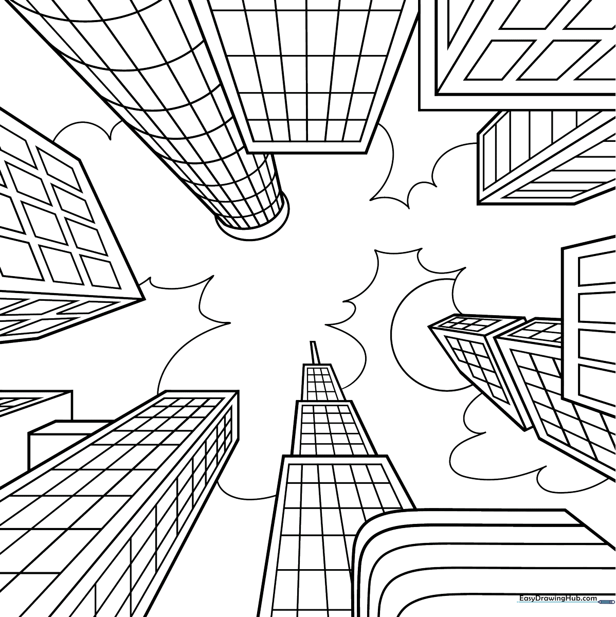 Black and white line art of city buildings receding toward a central vanishing point, designed to teach children one-point perspective drawing concepts.