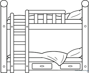 Black and white line art of a simple bunk bed with a ladder and pillows, ready for children to color.