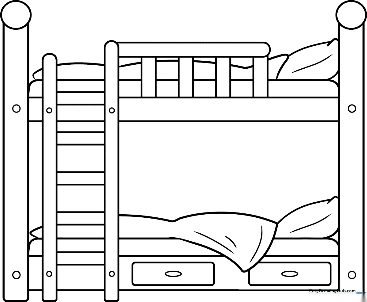 Black and white line art of a simple bunk bed with a ladder and pillows, ready for children to color.