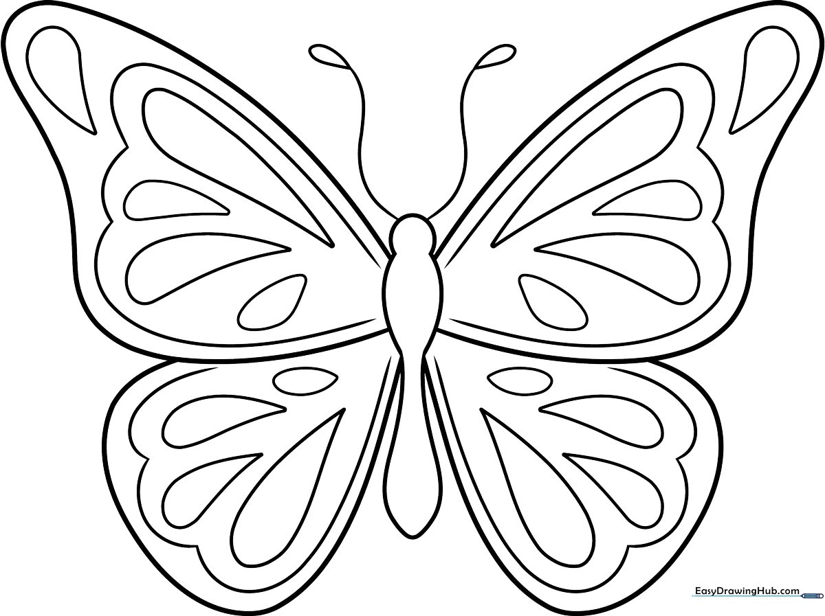 A simple black and white butterfly outline with large, symmetrical wings and a friendly face, designed for children to color.