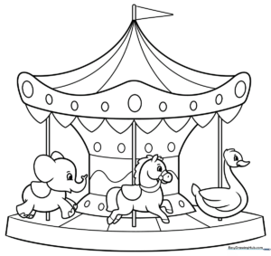 A clean, black-and-white line art illustration of a carnival carousel with horses, perfect for children to color with crayons or markers.