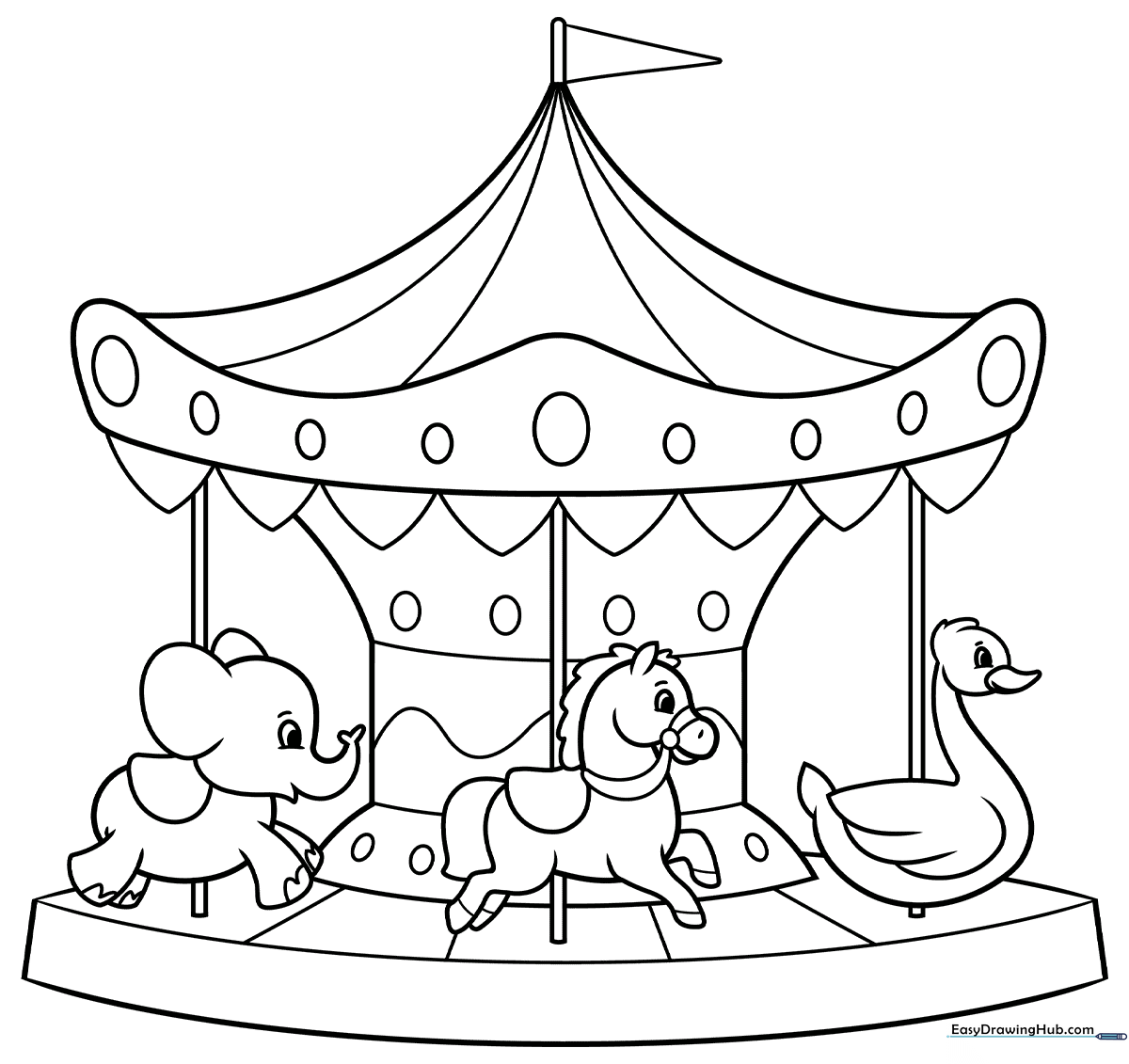 A clean, black-and-white line art illustration of a carnival carousel with horses, perfect for children to color with crayons or markers.