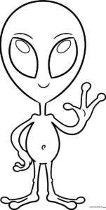 A friendly cartoon alien with large expressive eyes and simple features, outlined in bold black lines on a white background, perfect for children's coloring practice.
