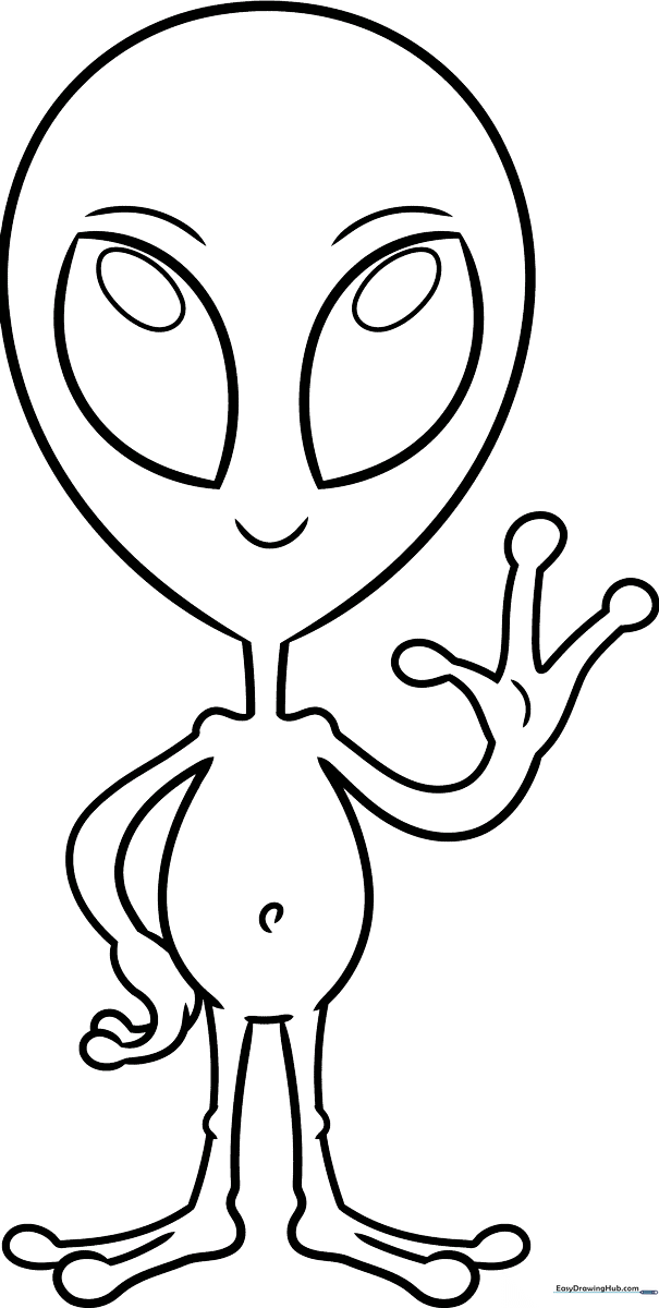 A friendly cartoon alien with large expressive eyes and simple features, outlined in bold black lines on a white background, perfect for children's coloring practice.