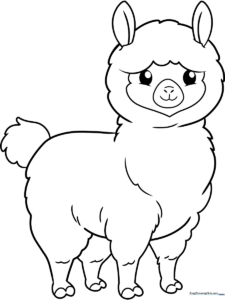 A clean, black-and-white line art illustration of a cute cartoon alpaca with a fluffy coat, standing in a simple pose, ready for children to color.