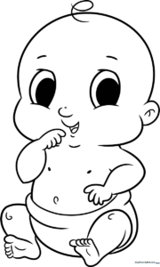 Black and white line art of a cute cartoon baby sitting, featuring large expressive eyes and simple shapes for easy coloring.