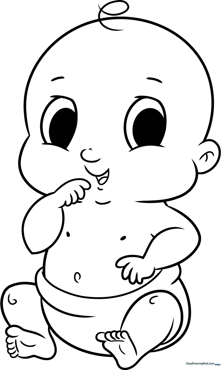 Black and white line art of a cute cartoon baby sitting, featuring large expressive eyes and simple shapes for easy coloring.