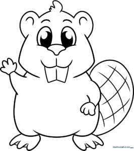 A friendly cartoon beaver with large front teeth and a flat tail, outlined in bold black lines for easy coloring by children.