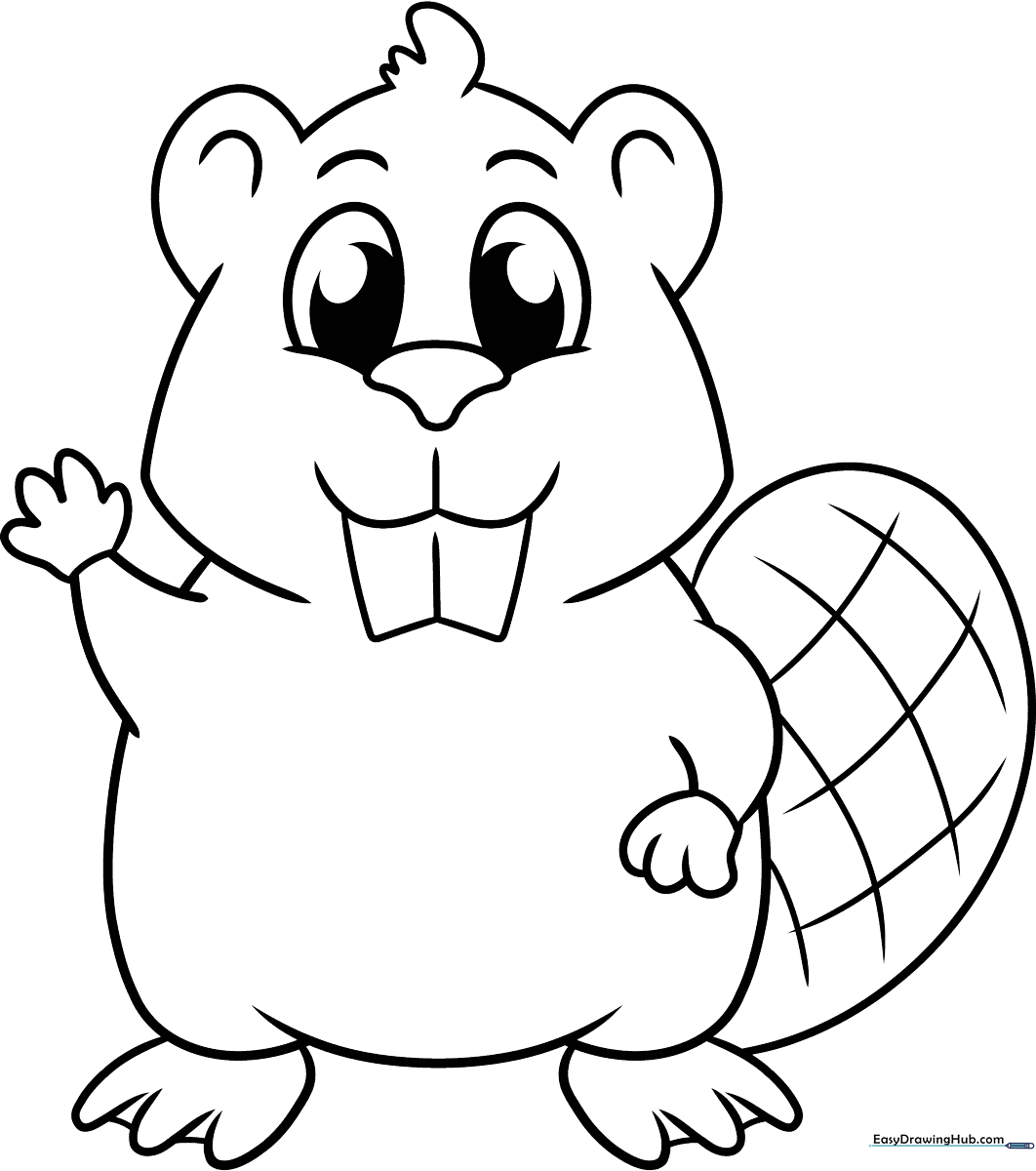 A friendly cartoon beaver with large front teeth and a flat tail, outlined in bold black lines for easy coloring by children.