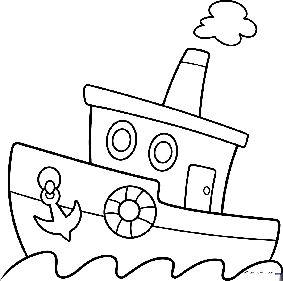 Black and white line art of a friendly cartoon boat with a smiling face, ideal for children's coloring practice.