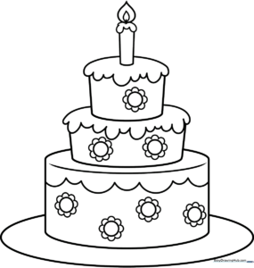 Black and white line art of a tiered cartoon cake with thick outlines, perfect for young children to color.