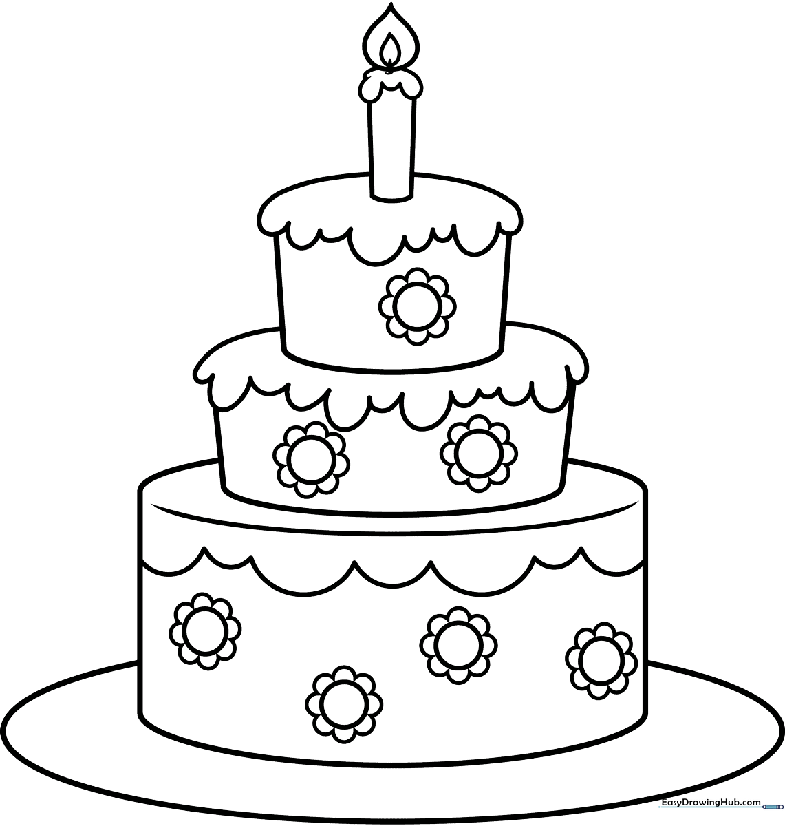 Black and white line art of a tiered cartoon cake with thick outlines, perfect for young children to color.