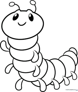 Black and white line art of a smiling cartoon caterpillar with round segments, perfect for children to color.