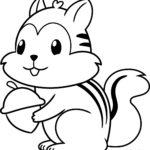 Black and white line art of a friendly cartoon chipmunk with large eyes and bushy tail, ready for coloring.