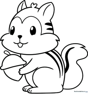 Black and white line art of a friendly cartoon chipmunk with large eyes and bushy tail, ready for coloring.