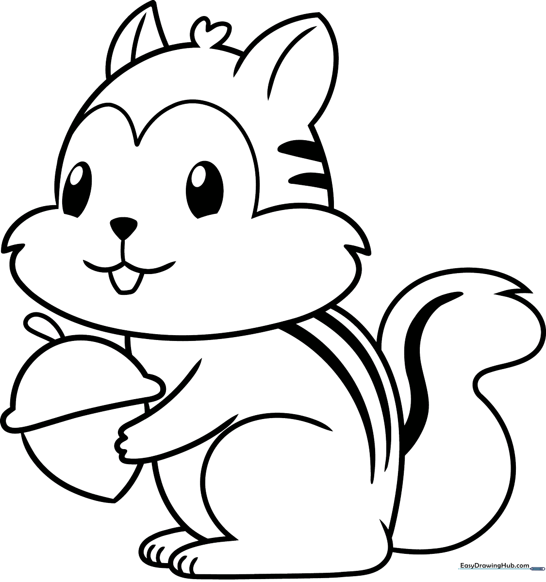 Black and white line art of a friendly cartoon chipmunk with large eyes and bushy tail, ready for coloring.