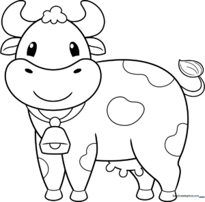 Black and white line art of a friendly cartoon cow with large eyes and spots, ready for children to color.