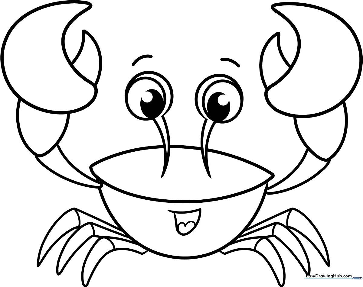 A friendly cartoon crab with large eyes and raised claws, featuring thick, clean outlines perfect for children to color.