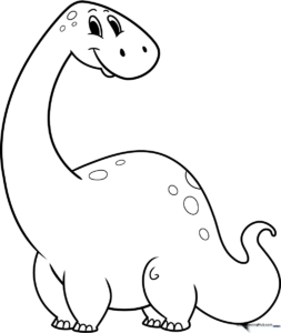 Black and white line art of a friendly cartoon dinosaur with large eyes and a smiling expression, ready for coloring.