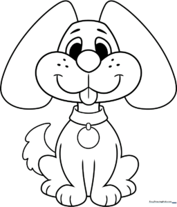 Black and white line art of a friendly cartoon dog with large ears and a happy expression, ready for children to color.