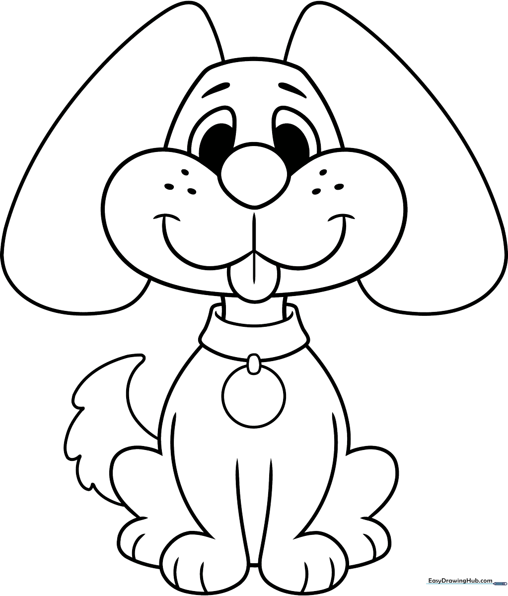 Black and white line art of a friendly cartoon dog with large ears and a happy expression, ready for children to color.