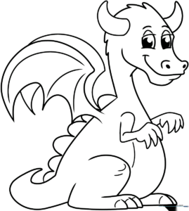 A friendly, simple cartoon dragon with large wings and a happy expression, outlined in thick black lines for easy coloring by children.