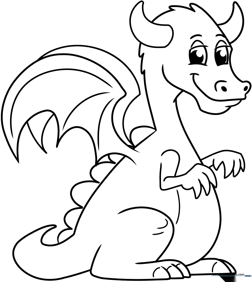 A friendly, simple cartoon dragon with large wings and a happy expression, outlined in thick black lines for easy coloring by children.