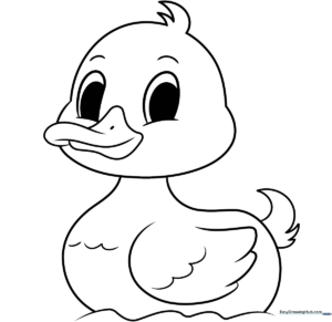 A simple, clean-line drawing of a cute cartoon duck with large eyes and a friendly expression, designed for children to color.