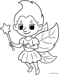 Black and white line art of a friendly cartoon fairy with large wings and a simple dress, ready for coloring.