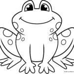 A simple line-art illustration of a smiling cartoon frog with large eyes, designed for children to color with crayons or markers.