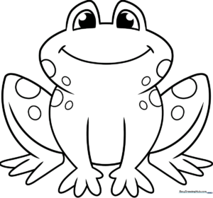 A simple line-art illustration of a smiling cartoon frog with large eyes, designed for children to color with crayons or markers.