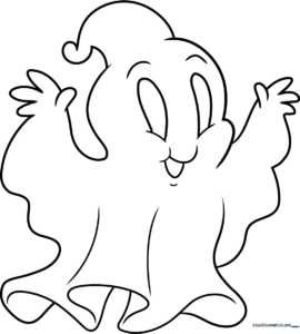 Black and white line art of a friendly cartoon ghost with large expressive eyes, designed for children to color.