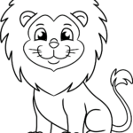 A friendly cartoon lion with a large, fluffy mane and a smiling face, rendered in bold black outlines on a white background for easy coloring.