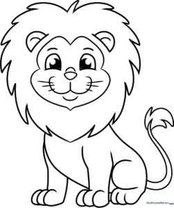 A friendly cartoon lion with a large, fluffy mane and a smiling face, rendered in bold black outlines on a white background for easy coloring.