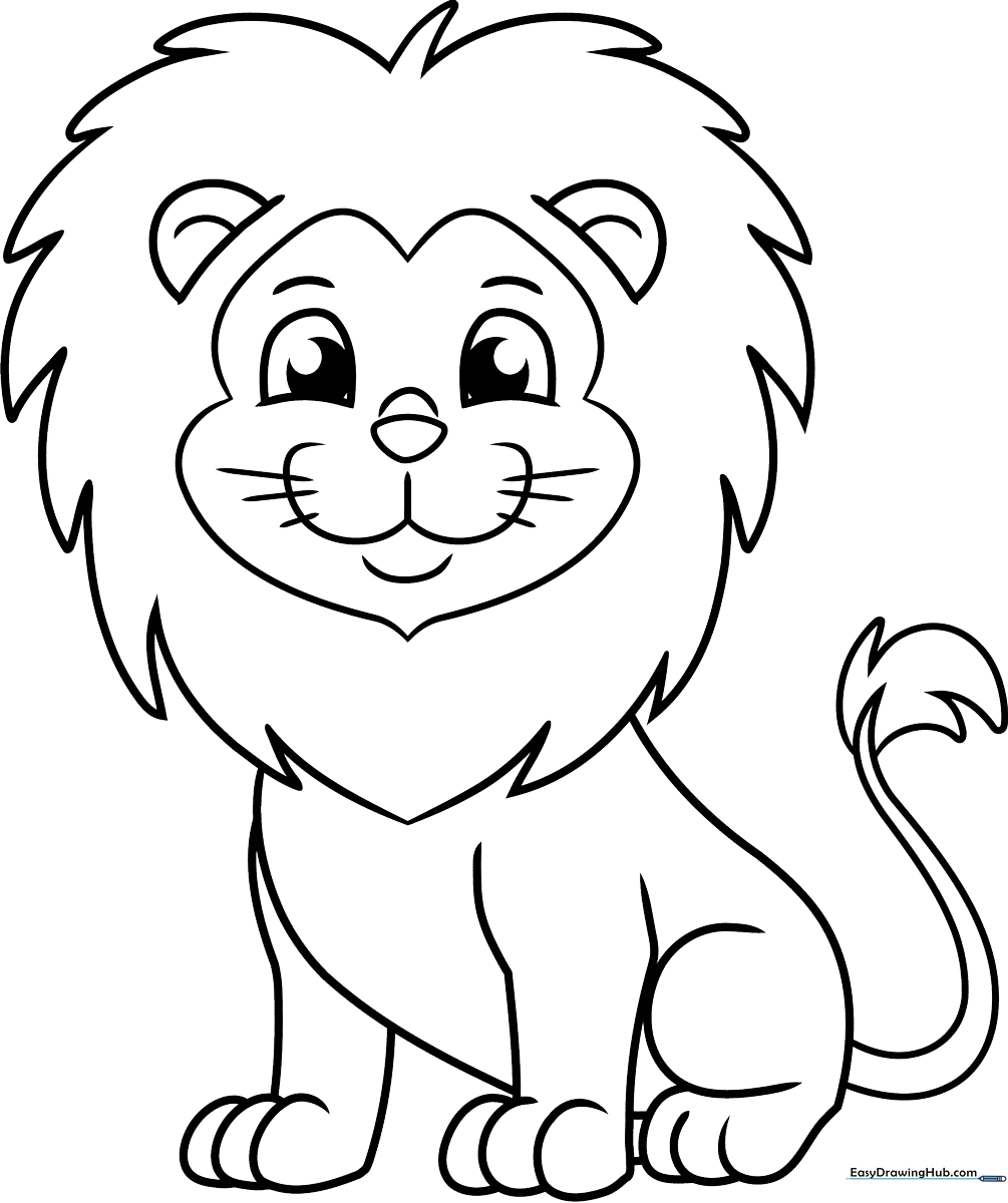A friendly cartoon lion with a large, fluffy mane and a smiling face, rendered in bold black outlines on a white background for easy coloring.