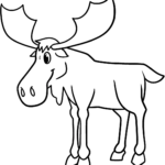 A friendly cartoon moose with large antlers and a smiling face, featuring thick outlines perfect for children to color with crayons or markers.