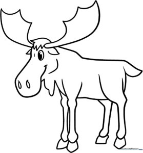 A friendly cartoon moose with large antlers and a smiling face, featuring thick outlines perfect for children to color with crayons or markers.