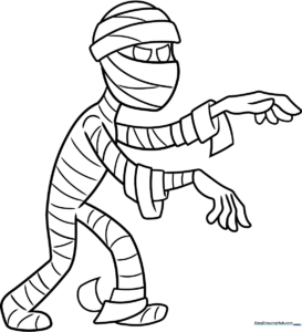 A friendly cartoon mummy character with large eyes and wrapped bandages, outlined in bold black lines for easy coloring by children.