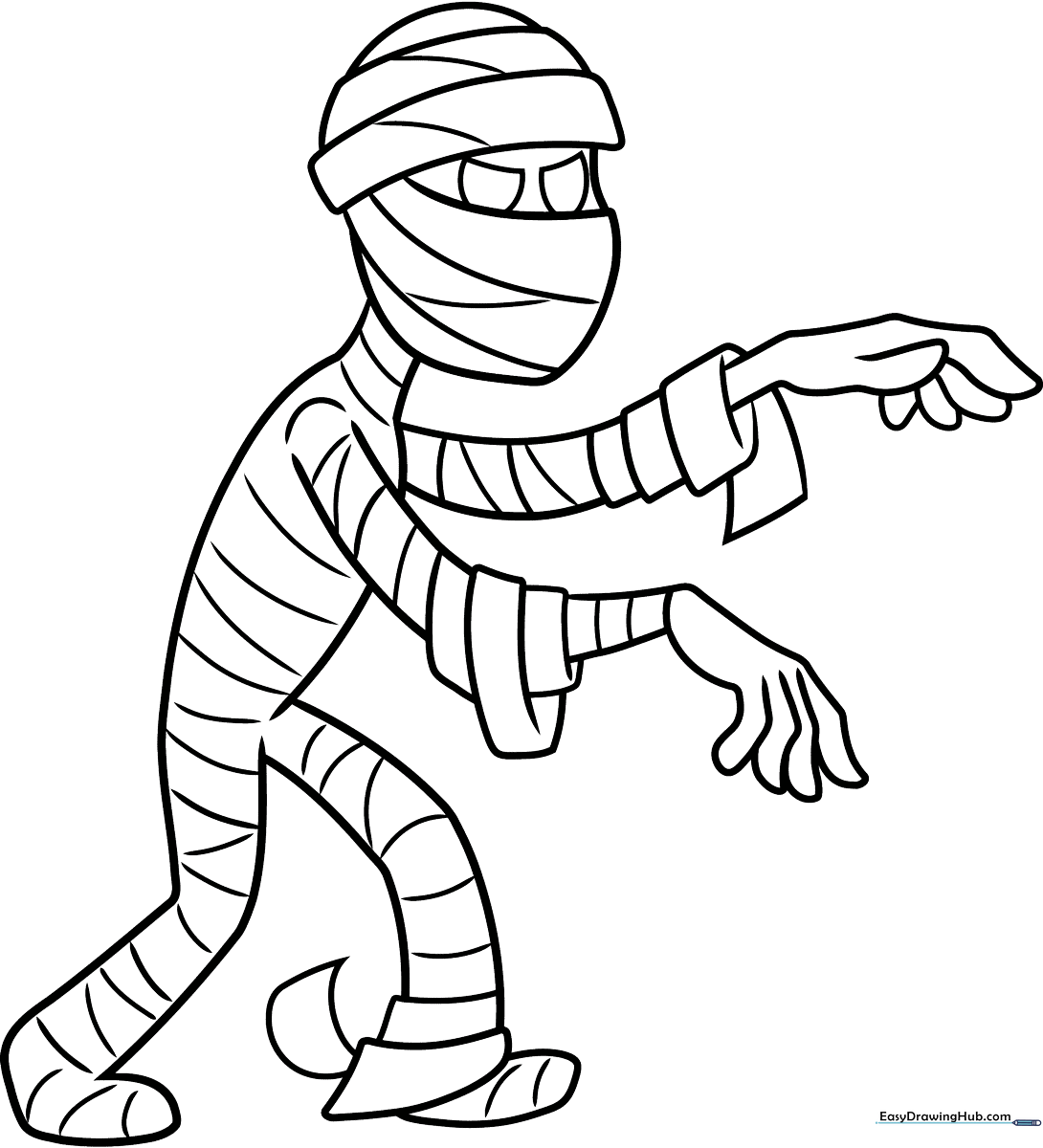 A friendly cartoon mummy character with large eyes and wrapped bandages, outlined in bold black lines for easy coloring by children.