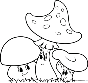 Black and white line art of a cluster of three cartoon mushrooms with expressive faces, designed for children to color.
