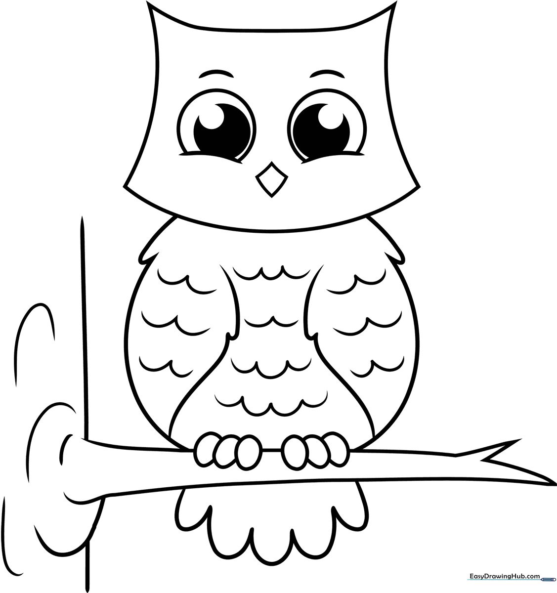 A friendly cartoon owl with large, expressive eyes and simple wing outlines, designed as a black-and-white coloring activity for children.
