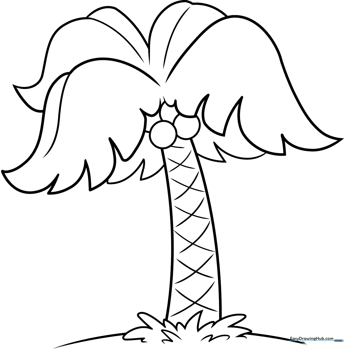 A friendly cartoon palm tree with thick outlines, perfect for children to color with markers or crayons to practice fine motor control.