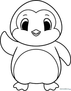 Black and white line art of a cute cartoon penguin with wide eyes, ideal for children to color with crayons or markers.
