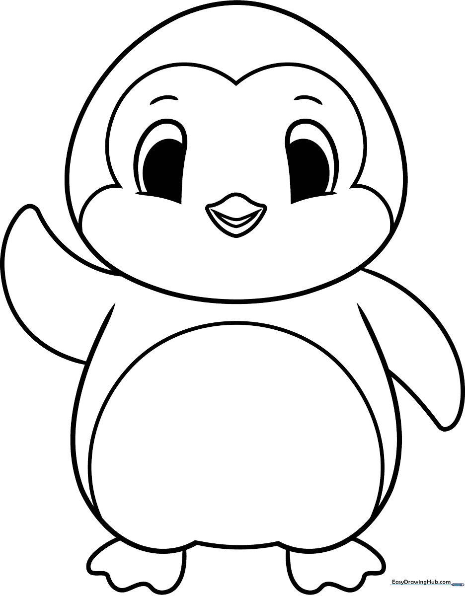 Black and white line art of a cute cartoon penguin with wide eyes, ideal for children to color with crayons or markers.