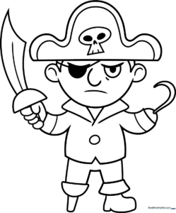 A friendly cartoon pirate character with an eye patch and hat, featuring thick, clear outlines for easy coloring by children.