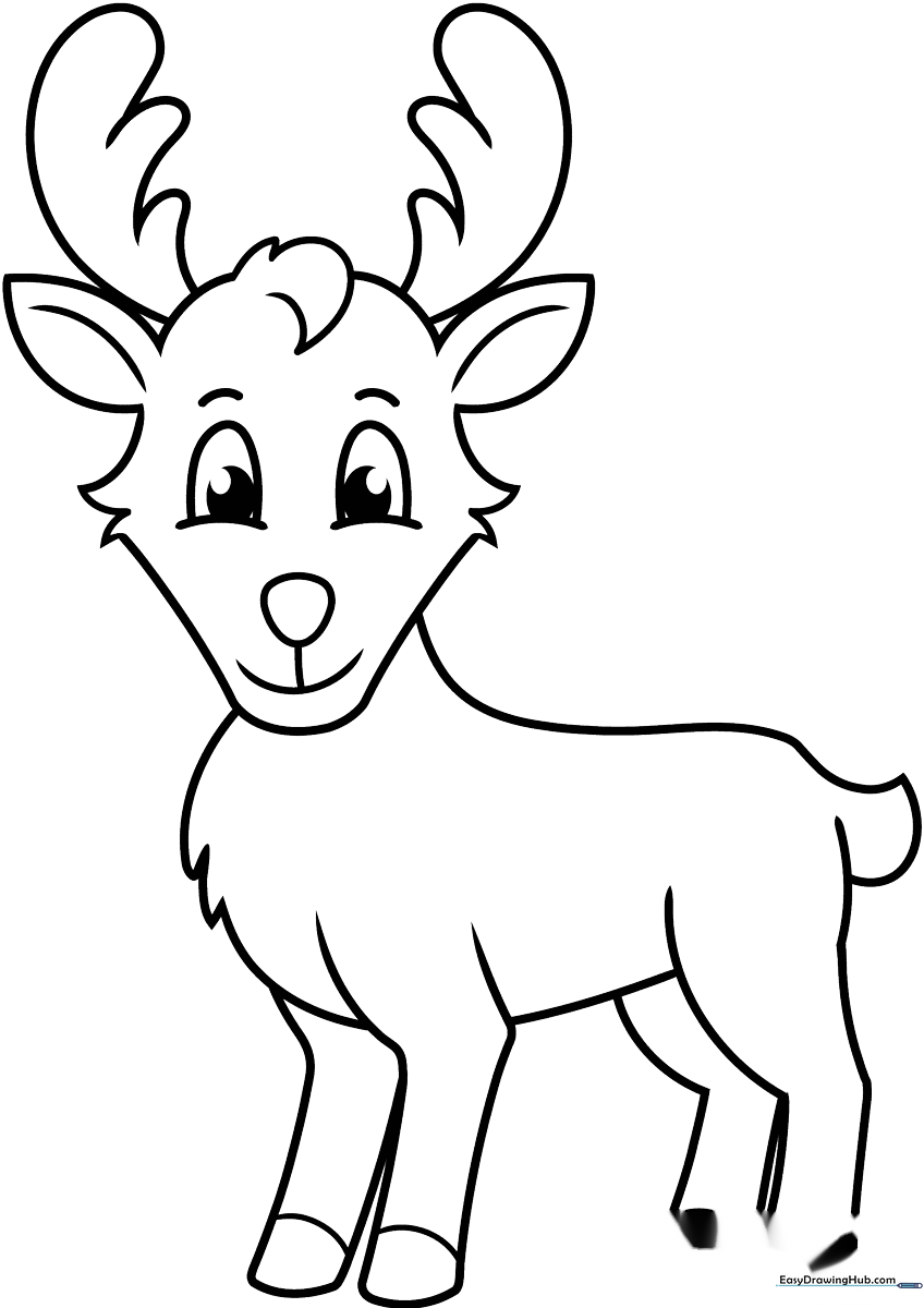 Black and white line art of a cute cartoon reindeer with large antlers, perfect for children to color with crayons or markers.