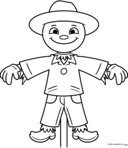 A friendly cartoon scarecrow with a wide-brimmed hat and patched clothing, featuring thick, clean outlines perfect for children to color.