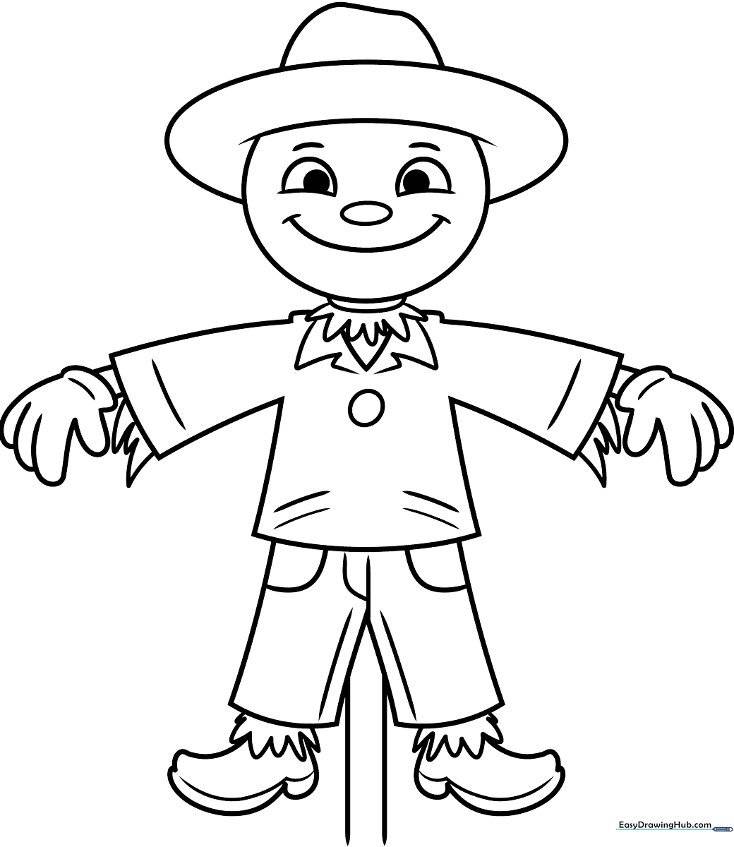 A friendly cartoon scarecrow with a wide-brimmed hat and patched clothing, featuring thick, clean outlines perfect for children to color.