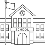Black and white line art of a friendly cartoon school building with large windows and a welcoming entrance, ready for children to color.
