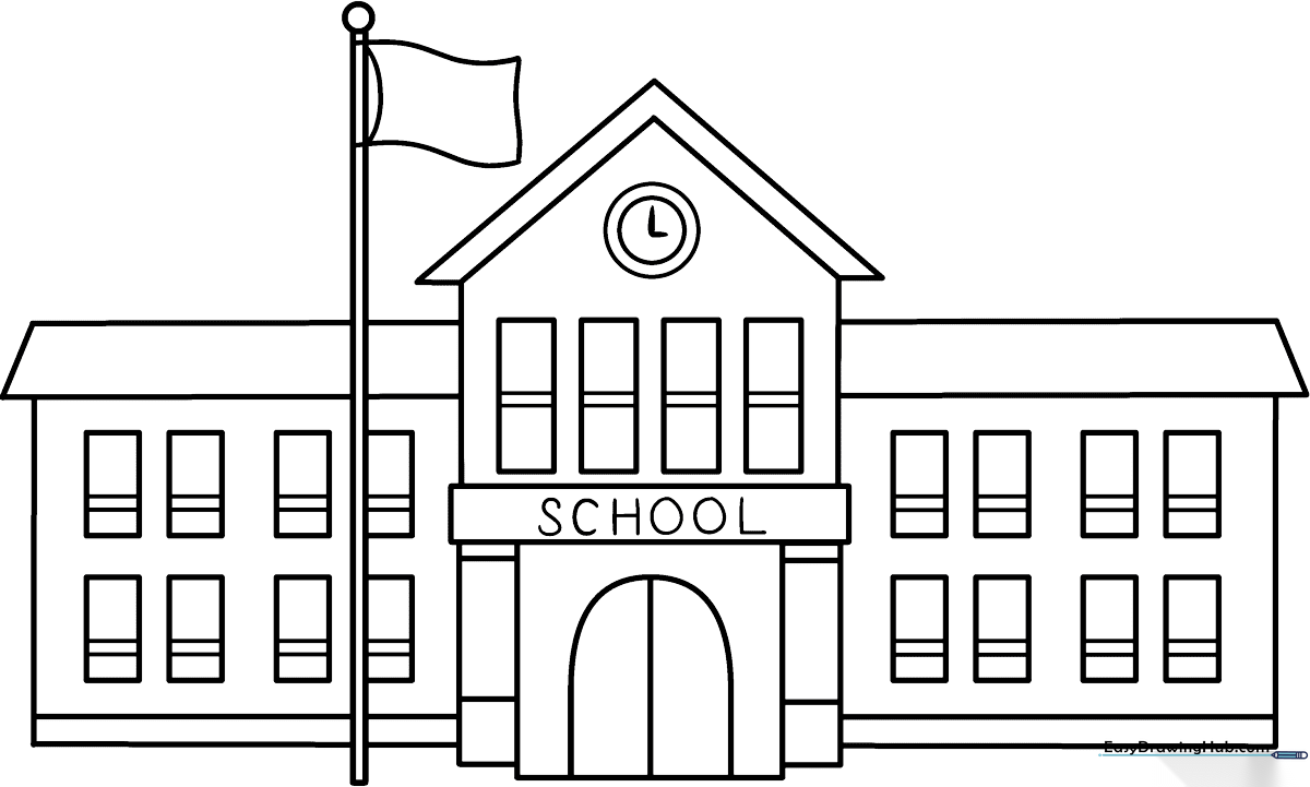 Black and white line art of a friendly cartoon school building with large windows and a welcoming entrance, ready for children to color.